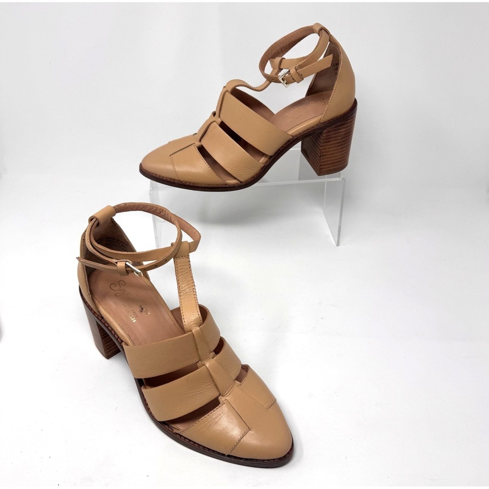 Seychelles Sandals Womens 6 Tan‎ Leather Strappy Block Heel Ankle Strap Neutral